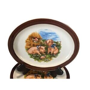 Homer Laughlin Stoneware Oval Ceramic Piglets Set of 4 Plates Made in U.S.A.